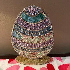 Vintage Inspired Wood Beaded Jeweled Spring Easter Egg Tabletop Decor Figure New